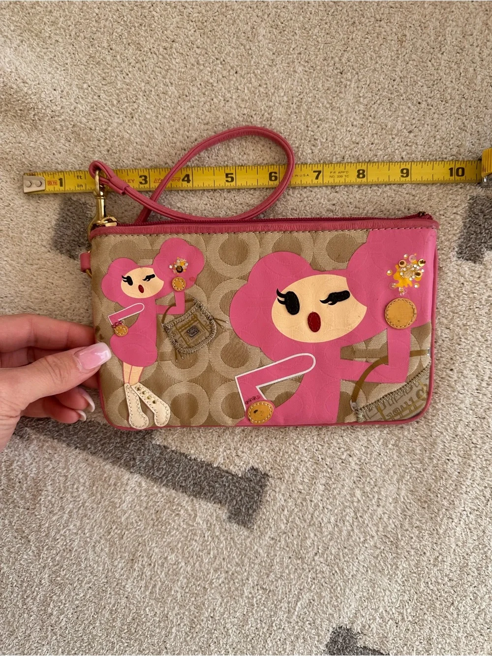 Coach Pink and Tan Signature Canvas Wristlet with Character Appliqués
